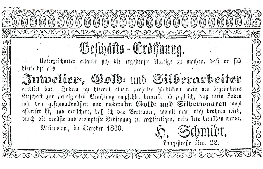 Historische Anzeige von 1860 anlässlich Geschäftseröffnung